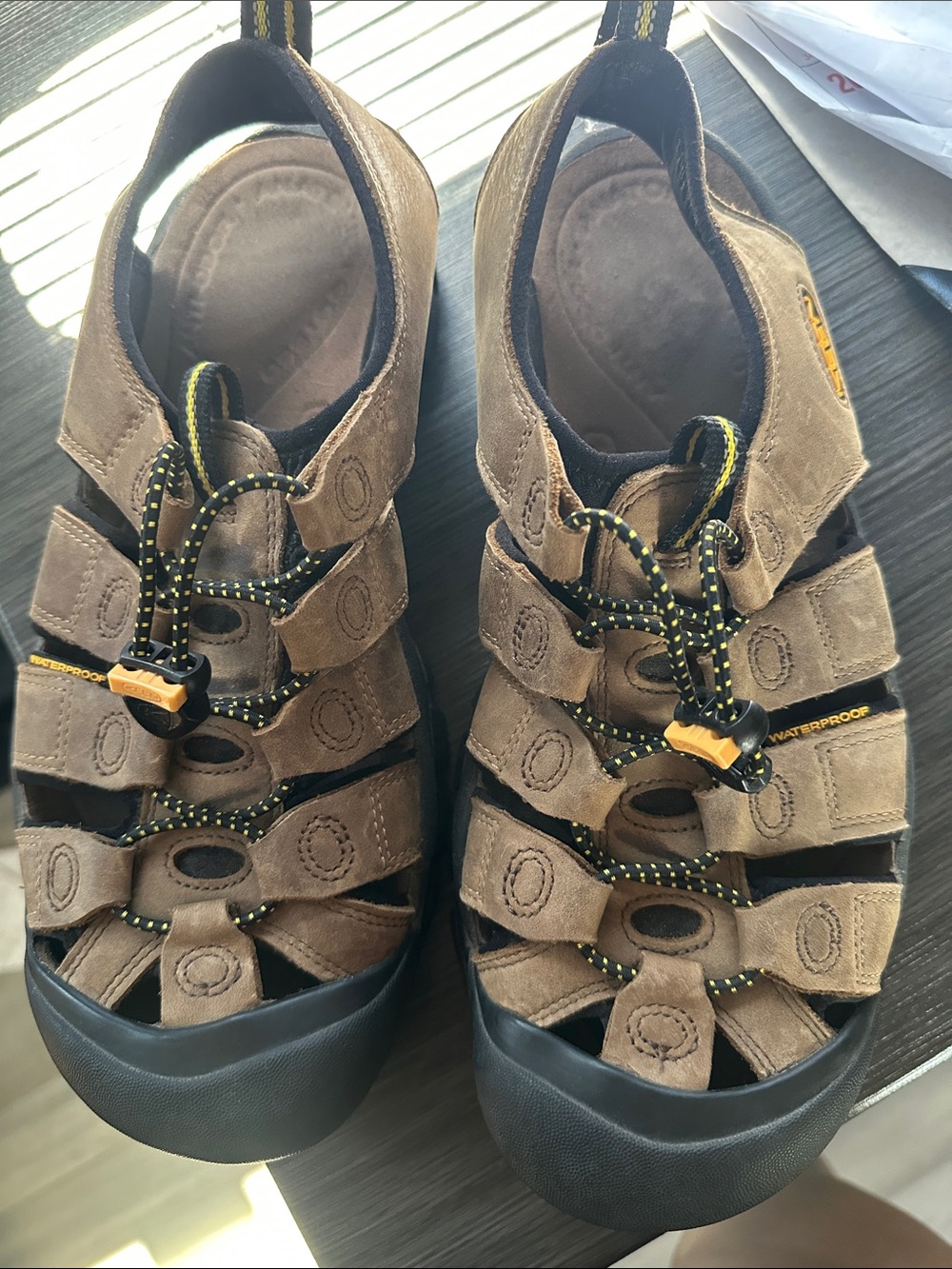 Keen Brown Suede Outdoor Sandals with Black Toe and Yellow Accents
